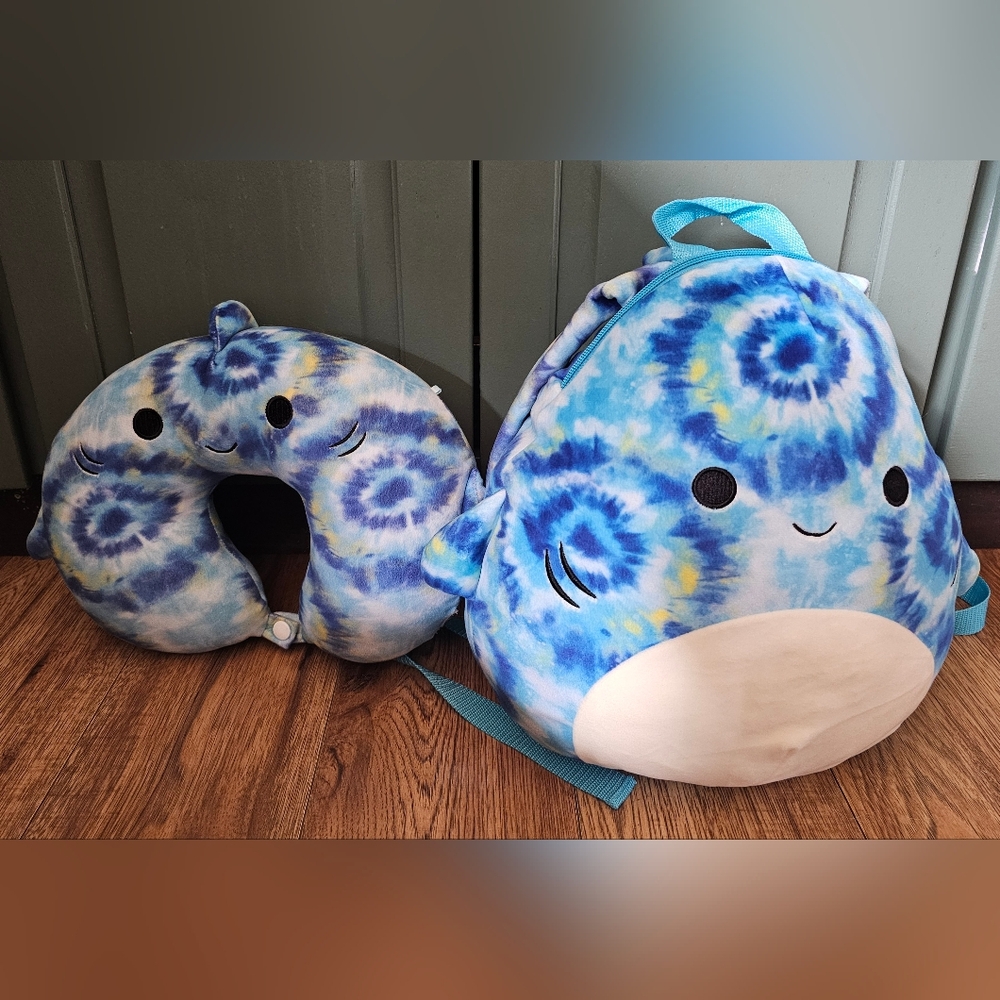 Squishmallows Blue Tie-Dye Shark Backpack and Neck Pillow Set